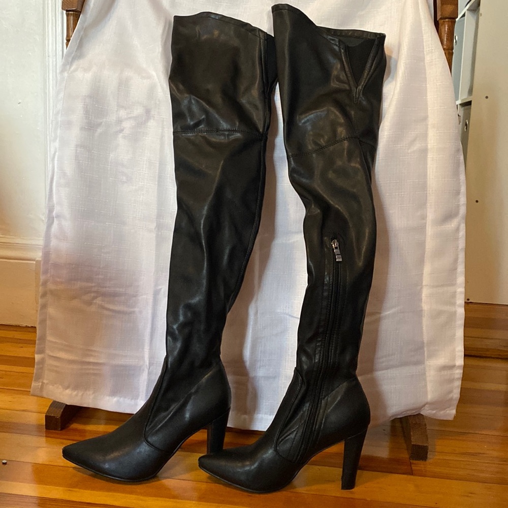 Thigh high black faux leather boots